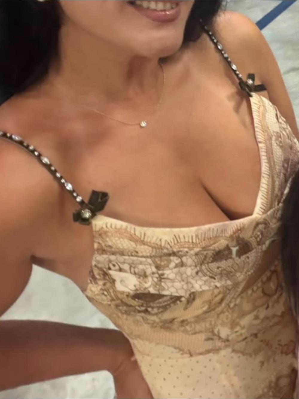 Beige Printed Slip Dress with Embellished Straps